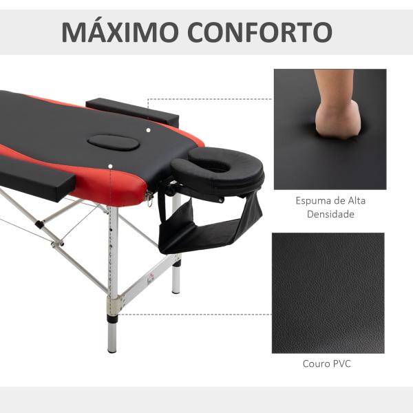 Marquesa de Massagem Dobrável e Portátil com Altura Ajustável Apoio para a Cabeça e Apoio para os Braços 215x60x61 - 84 cm Preto e Vermelho