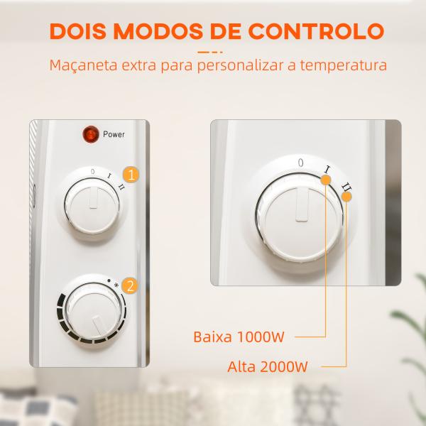 Aquecedor Elétrico 1000W/2000W Aquecedor de Mica com 2 Níveis de Potência e Termostato Regulável 79x27x54 cm Branco