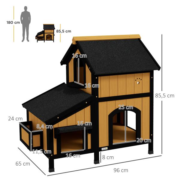 Casa para Gatos de Madeira com Suporte para Flores de 2 Níveis e Teto Asfáltico 96x65x85,5 cm Madeira e Preto