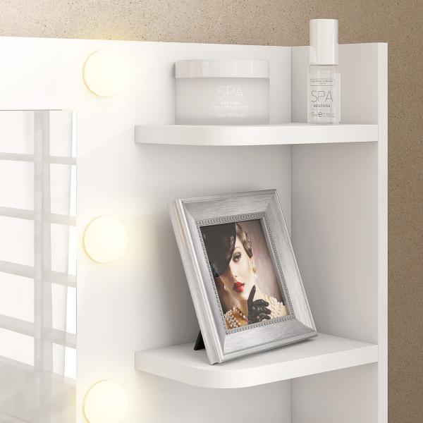 Toucador de Maquilhagem com Luzes LED Banco Espelho 10 Lâmpadas Gaveta Prateleiras e Compartimentos Branco