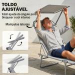 Espreguiçadeira de Jardim Dobrável com Toldo Removível e Ajustável e Encosto Ajustável em 4 Posições 187x58x36 cm Cinza Claro