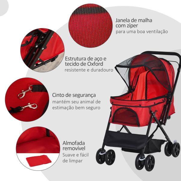 Carrinho para Animais de Estimação Dobrável Carro para Cães e Gatos com Capô Ajustável Cesta de Armazenamento Cinto de Segurança Tecido Oxford 600D Aço 76,5x52x95cm Vermelho