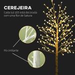 Árvore Cerejeira com 180 Luzes LED IP4 Banco Quente com Luz Ajustável em 3 Modos 21,5x21,5x180cm Branco