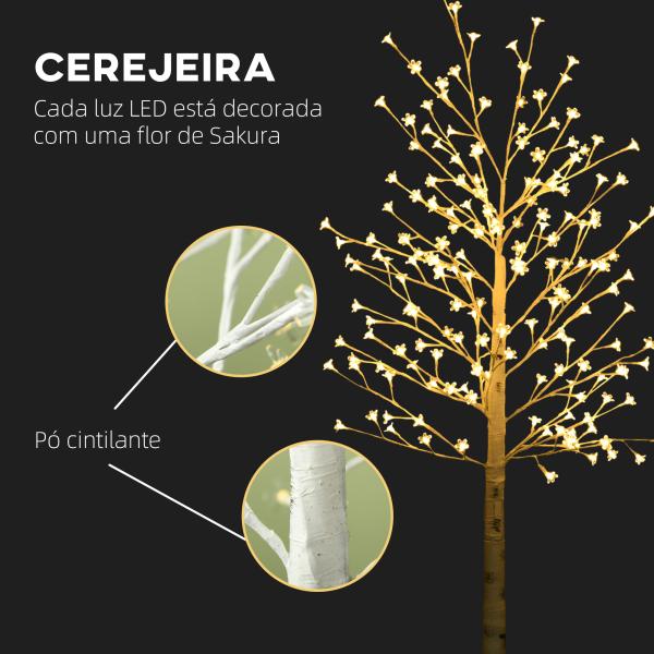 Árvore Cerejeira com 180 Luzes LED IP4 Banco Quente com Luz Ajustável em 3 Modos 21,5x21,5x180cm Branco