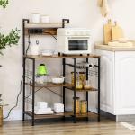 Estante de Cozinha com Ficha 2 Carregadores Prateleira Ajustável USB 5 Gancho em S e Cesta Amovível 90x42x130 cm Marrom Rústico