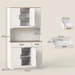 Armário de Cozinha Alto Móvel Auxiliar de Cozinha com Bancada Aberta para Micro - Ondas 2 Gavetas Prateleiras Ajustáveis 94x39,5x175,2 cm Branco