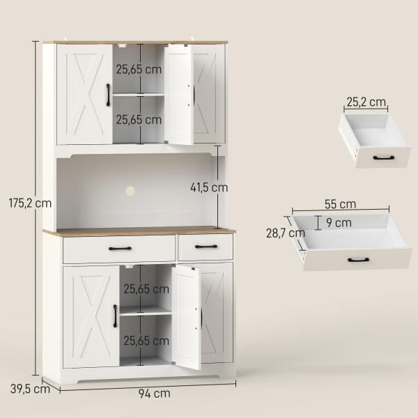 Armário de Cozinha Alto Móvel Auxiliar de Cozinha com Bancada Aberta para Micro - Ondas 2 Gavetas Prateleiras Ajustáveis 94x39,5x175,2 cm Branco