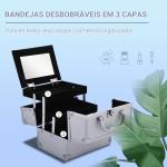 Estojo de Maquiagem Profissional Portátil de Cosméticos com Bandejas de 3 Níveis e Espelho 2 Chaves para Porta - Joias Manicure 15x15x20 cm Prata