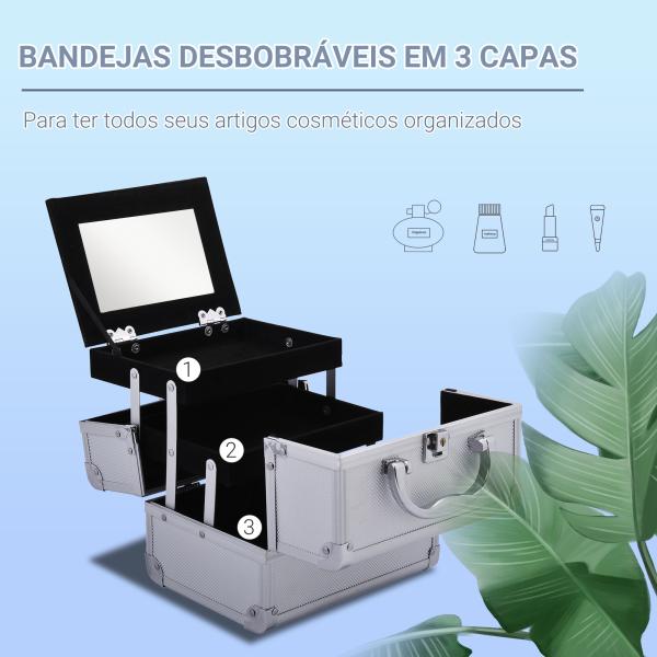 Estojo de Maquiagem Profissional Portátil de Cosméticos com Bandejas de 3 Níveis e Espelho 2 Chaves para Porta - Joias Manicure 15x15x20 cm Prata