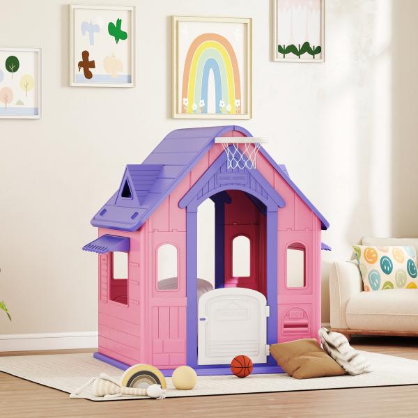 Casa de Jogos para Criaanças com Lançamento de Aros e Cesta de Basquetebol 132x118x124 cm Rosa e Roxo