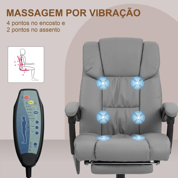 Cadeira de Escritório com Massagem de 6 Pontos Encosto Alto Reclinável Apoio para Pés e Controlo Remoto 66x75x112 - 122 cm Cinza