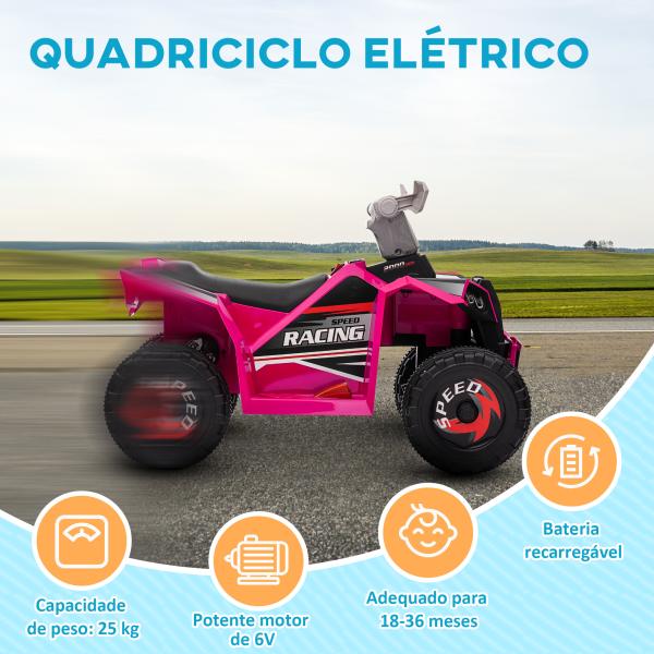 Quadriciclo Elétrico para Crianças Veículo Elétrico a Bateria de 6V com Velocidade de 2,5 km/h 70x41,5x48,5 cm Rosa