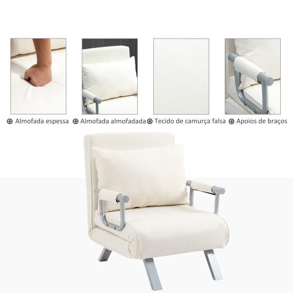 Sofá Cama Individual Sofá Cama Individual Sofá Reclinável com Almofada para Sala Quarto Carga 100 kg 65x69x80 cm Creme