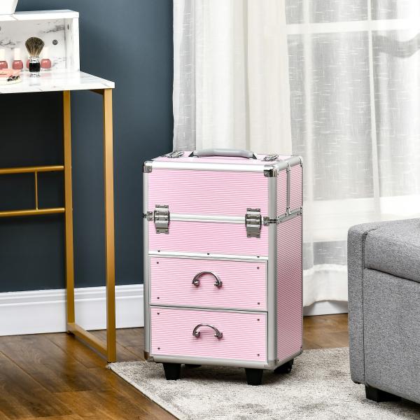 Mala de Maquilhagem Professional com Rodas 6 Gavetas Extensíveis Fechadura 2 Chaves e Alça Retrátil 36x23x58 cm Rosa