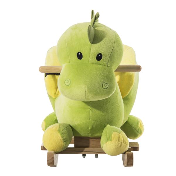 Cavalo de Baloiço em Forma de Dinossauro de Pélucia para Bebés 18 - 36 Meses com Sons Cinto de Segurança Guiador e Apoio para os Pés 60x33x45cm Verde