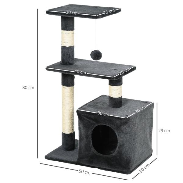 Arranhador para Gatos 50x30x81,5 cm Centro de Atividades para Gatos com Poste de Sisal Plataformas e Caverna Cinza