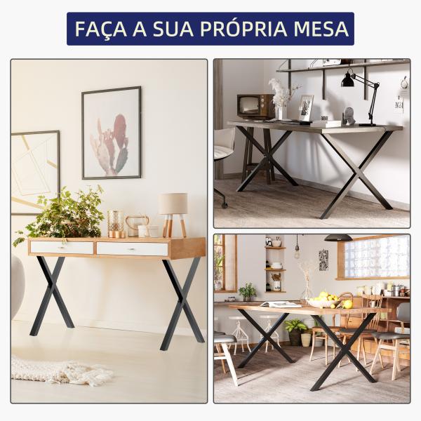 Conjunto de 2 Pés para Mesa Estilo Industrial 80x72cm em Forma de X Pés para Móveis de Aço com Protetores e Parafusos de Montagem Incluídos Preto