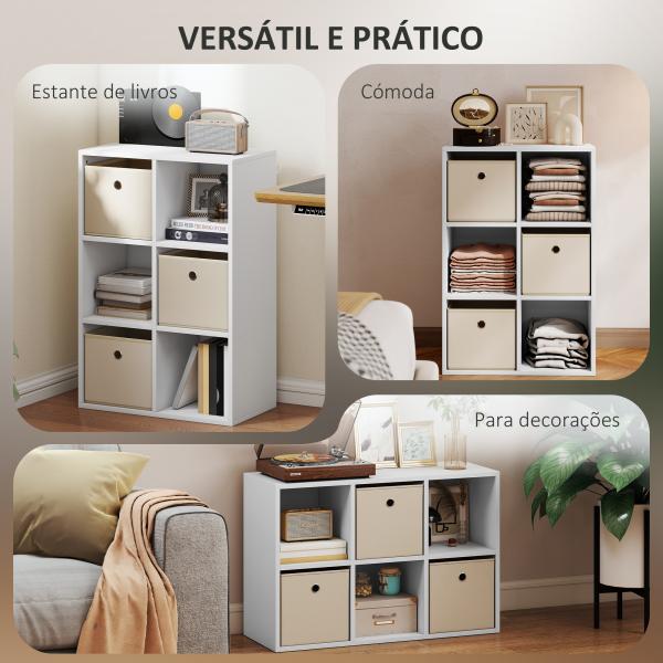 Estante Cubo Estante de Armazenamento Horizontal ou Vertical com 6 Compartimentos e 3 Gavetas de Tecido 53,7x30x79,8 cm Branco e Bege