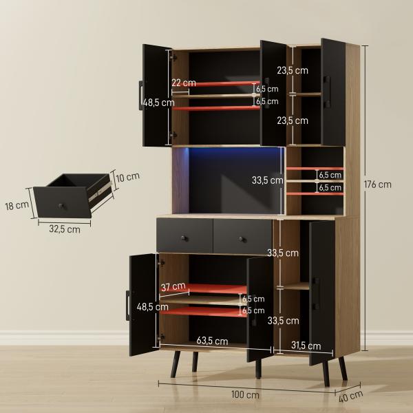 Armário de Cozinha Alto com Luzes LED RGB com 6 Portas 2 Gavetas Bancada 100x40x176 cm Preto e Madeira