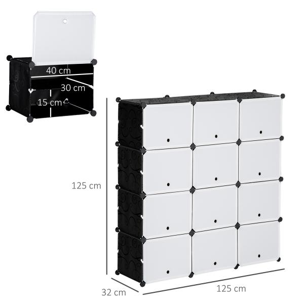 Armário Modular de Plástico Armário com 12 Cubos Organizadores de Sapatos Roupas Brinquedos 125x32x125cm Branco e Preto
