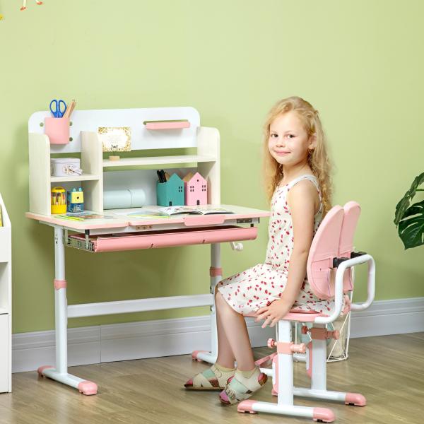Conjunto de Secretária e Cadeira para Crianças com Altura Ajustável Gaveta Prateleiras e Bancada Inclinável 80x52x88 - 109 cm Rosa e Branco