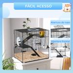 Gaiola para Hamster com Fundo de Vidro Plataformas Comedouro Bebedouro Casa Rampas e Roda de Exercício 60x40x54,5 cm Preto