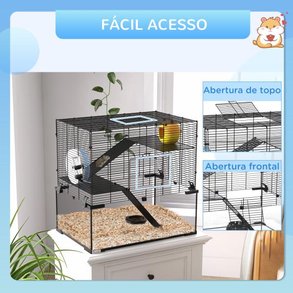 Gaiola para Hamster com Fundo de Vidro Plataformas Comedouro Bebedouro Casa Rampas e Roda de Exercício 60x40x54,5 cm Preto