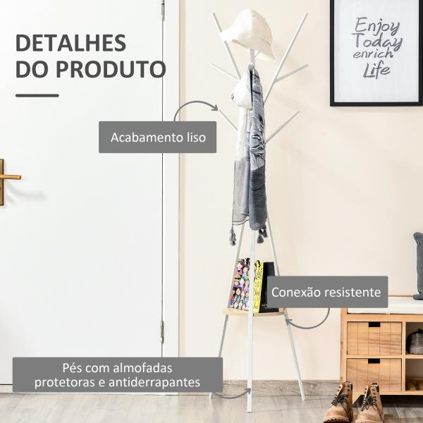Cabide de Pé Metálico para Pendurar Roupa Bolsas com 9 Ganchos e Prateleira Cabide de Pé Moderno 45x45x180 cm Branco