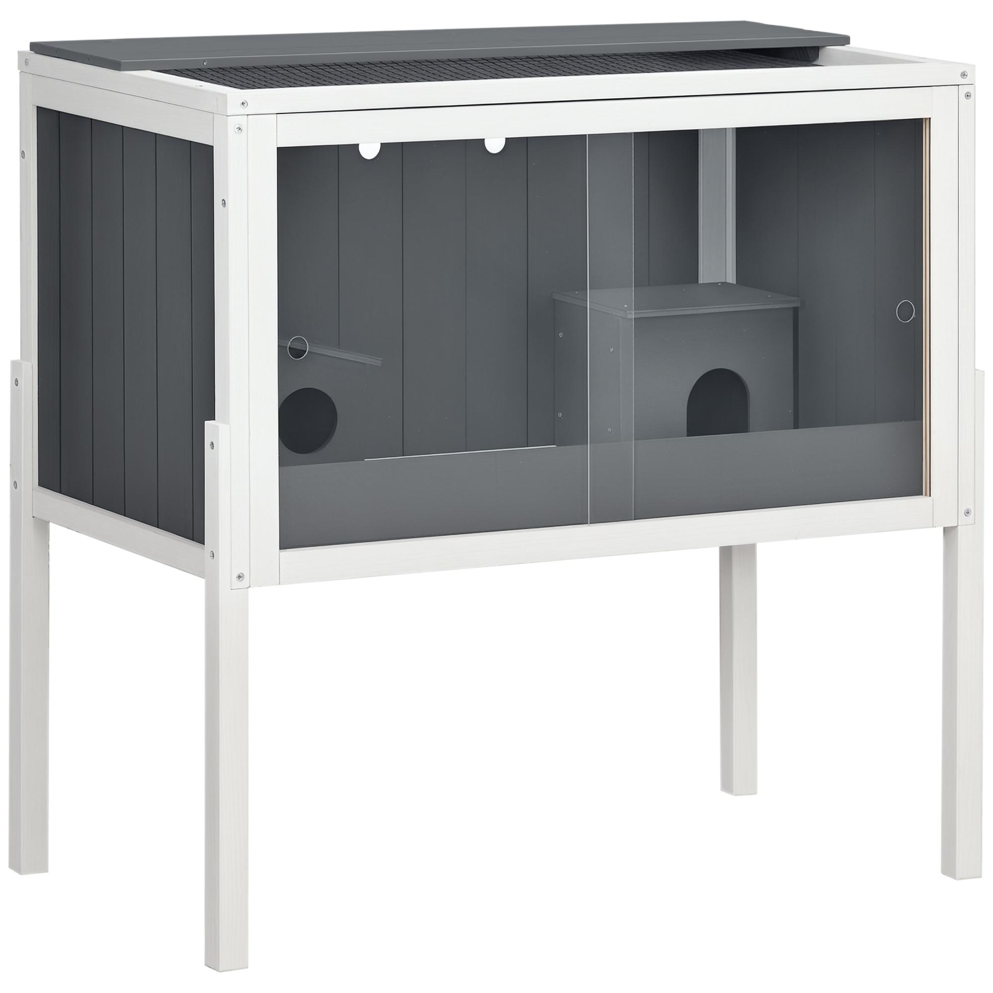 Gaiola para Hamster de Madeira com 2 Portas de Acrílico Prateleira Amovível 2 Casas 82x45x81cm Cinza e Branco