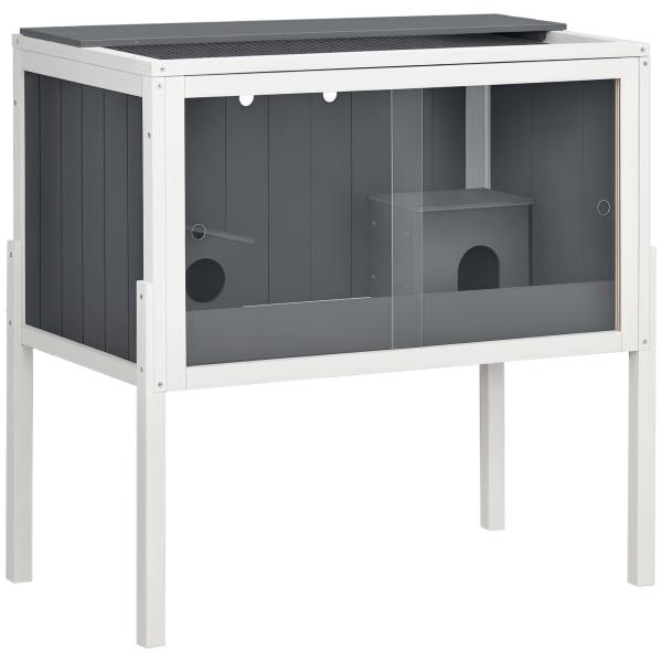 Gaiola para Hamster de Madeira com 2 Portas de Acrílico Prateleira Amovível 2 Casas 82x45x81cm Cinza e Branco