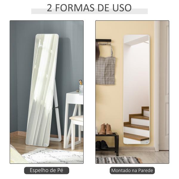 Espelho de Pé de Corpo Inteiro Retangular com 2 Formas de Uso Estrutura de Madeira de Pinho 37x43x156 cm Branco
