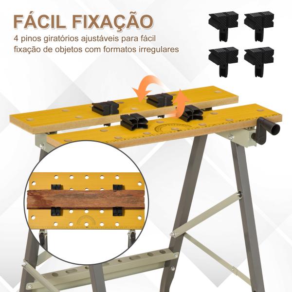 Banco de Trabalho Dobrável 4 em 1 Mesa de Trabalho com 4 Prensas 2 Manivelas 62,5x60,5x78,5 cm Madeira e Cinzento