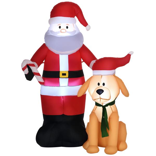 Pai Natal Insuflável com Cão 9 Luzes LED IP44 e Inflador Elétrico Decoração de Natal 117x80x157cm Multicolorido