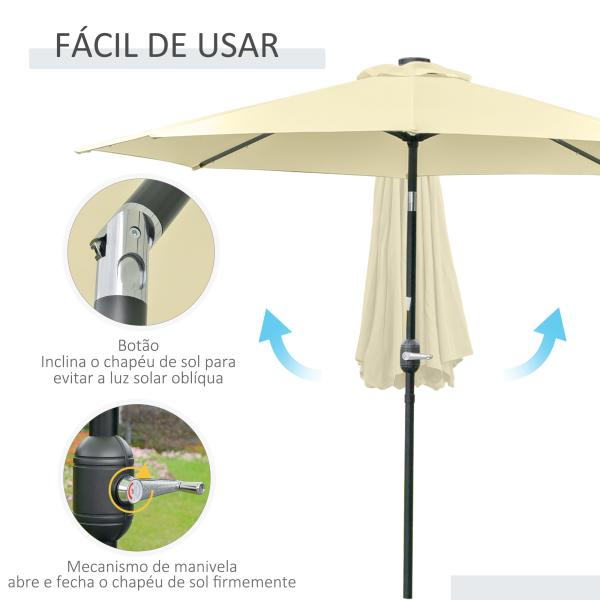 Chapéu de Sol Exterior para Terraço, Ø265 cm, Guarda - sol de Jardim com 32 Luzes LED Solares, Poste de Aço e Manivela de Guarda - sol Inclinável, para Pátio, Terraço, Bege
