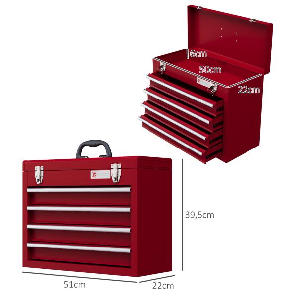 Caixa de Ferramentas de Aço com 2 Gavetas Fechaduras Metálicas Mala de Ferramentas Portátil 51x22x39,5 cm Vermelho