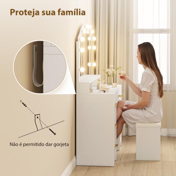 Toucador com 10 Luzes LED de 3 Cores Toucador de Maquilhagem com Espelho 7 Gavetas 3 Compartimentos Moderno 110x40x150 cm Branco