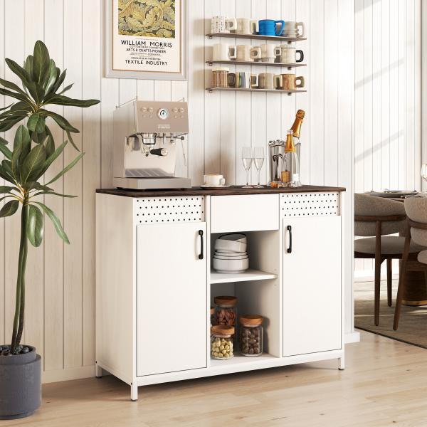 Aparador de 2 Portas com Orifícios 2 Compartimentos e Gaveta Prateleiras Ajustáveis 100x40x80 cm Branco e Castanho Rústico