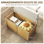 Baú de Arrumação para Dormitório 122L Estofado em Linho Sintético com Almofada Estrutura de Bambu 90x42x43 cm Cinza e Madeira
