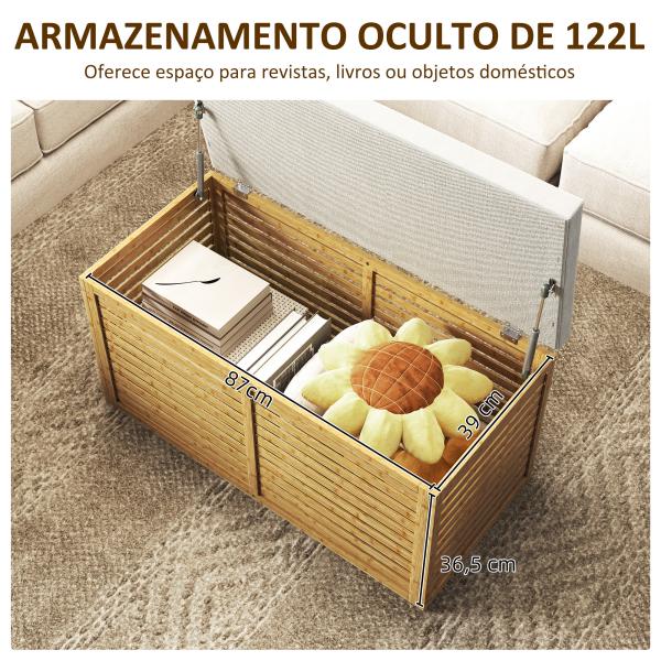 Baú de Arrumação para Dormitório 122L Estofado em Linho Sintético com Almofada Estrutura de Bambu 90x42x43 cm Cinza e Madeira
