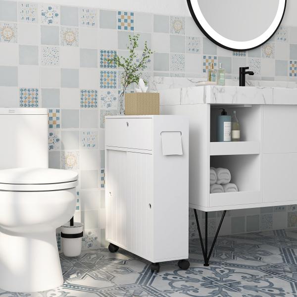 Armário Auxiliar Casa de Banho com 4 Rodas 2 Compartimentos para Papel Higiénico Armário e Prateleiras Ajustáveis 52x17x67 cm Branco