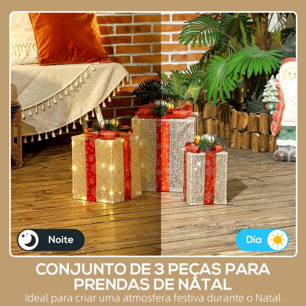 Conjunto de 3 Caixas de Presente de Natal com 58 LEDs Branco Quente Enfeites Luminosos para a Árvore de Natal Dourado
