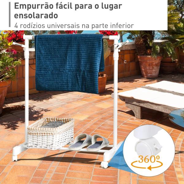 Charriot com Altura Ajustável Cabide com Rodas Portátil Prateleira Inferior Aço 68,5x42x87 - 145cm Branco e Prata