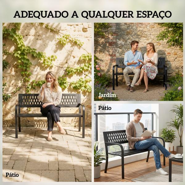 Banco de Jardim Exterior de 2 Lugares com Assento Ripado, Apoios de Braço e Estrutura de Aço 119x50x75 cm Preto