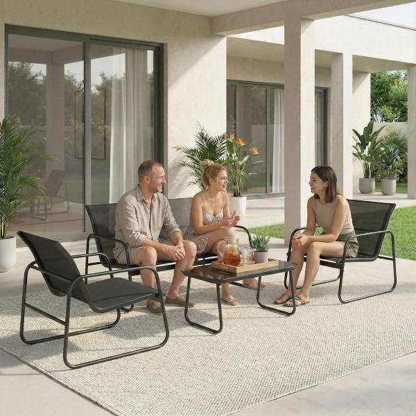 Conjunto Jardim de 4 Peças com Sofá de 2 Lugares 2 Poltronas Mesa de Vidro Temperado Tecido Textilene Respirável Cinza Escuro