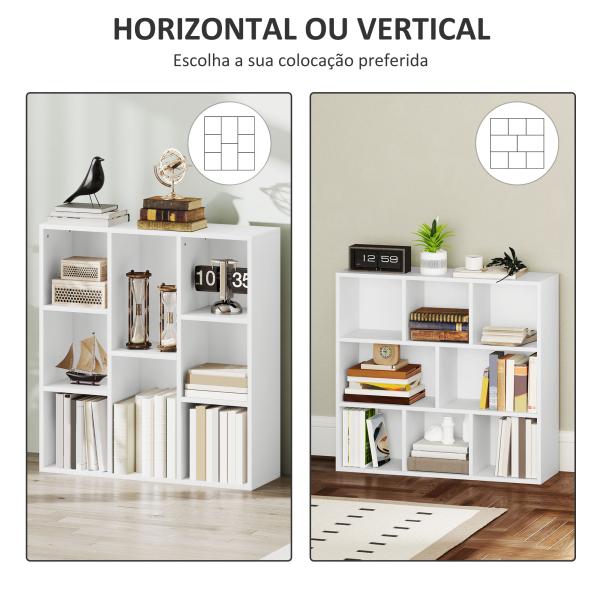 Estante de 3 Níveis Estante para Livros com 8 Compartimentos Desenho Vertical ou Horizontal 74,3x24x80 cm Branco