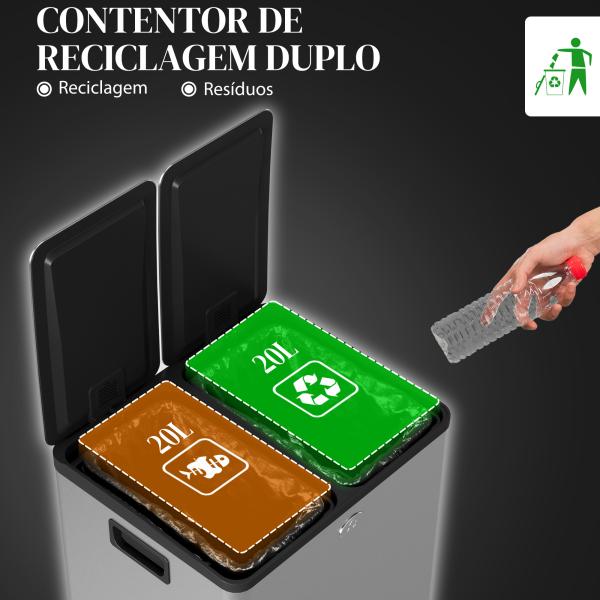 Balde de Lixo de Cozinha com 2 Compartimentos 2x20L Pedal Tampa de Fechamento Suave e Cubo Amovível Prata