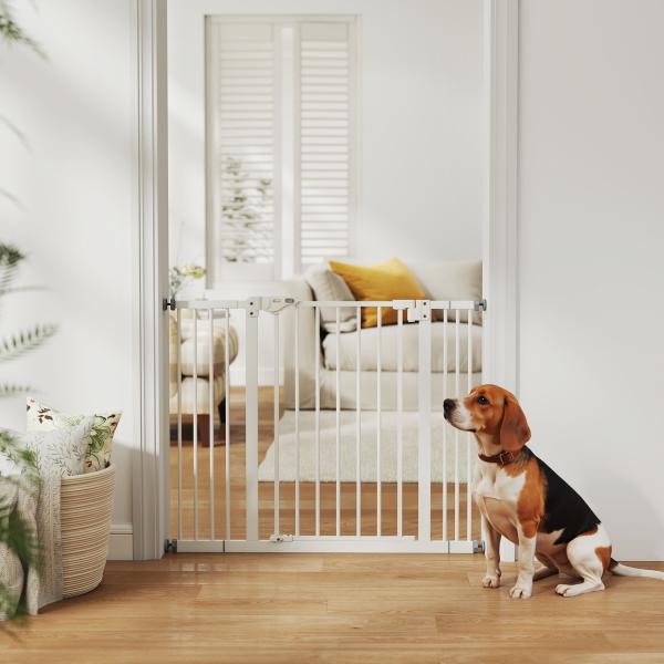 Barreira de Segurança para Cães 74 - 100 cm com Extensões, Montagem por Pressão e Duplo Bloqueio, Branco