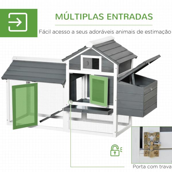 Galinheiro de Madeira para Exterior Gaiola para 2 - 3 Galinhas com Cercado de Arame Teto Abatível Caixa Ninho Bandeja Removível e Rampa 150,5x54x87cm Cinza e Branco