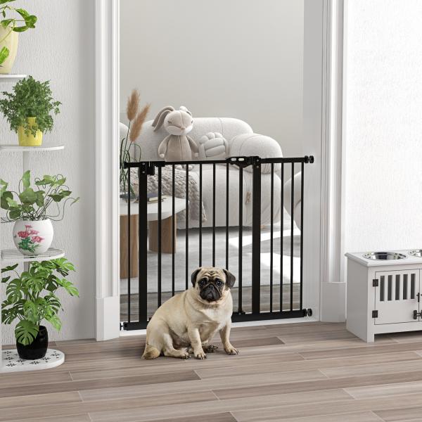 Barreira de Segurança de Cães para Escadas e Portas 74 - 94 cm com 1 Extensão Fechamento Automático e Sistema de Duplo Bloqueio Aço Preto