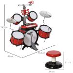 Kit de Bateria Infantil para Crianças Acima de 3 Anos com Tamborete Microfone Pratos Teclado e Vários Efeitos de DJ 77,5x40x76,5 cm Vermelho